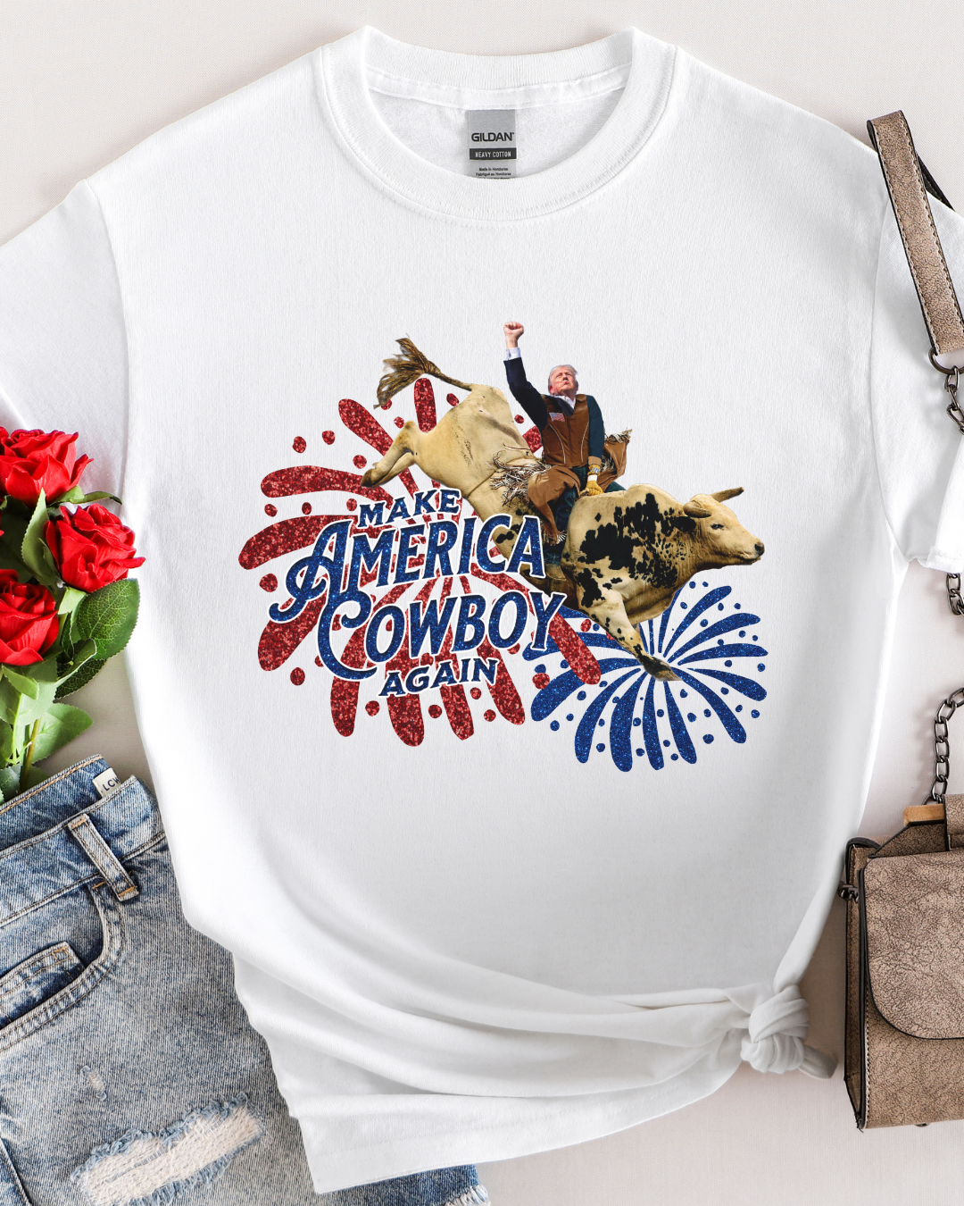 Trump Bull Riding Fireworks Glitter Print