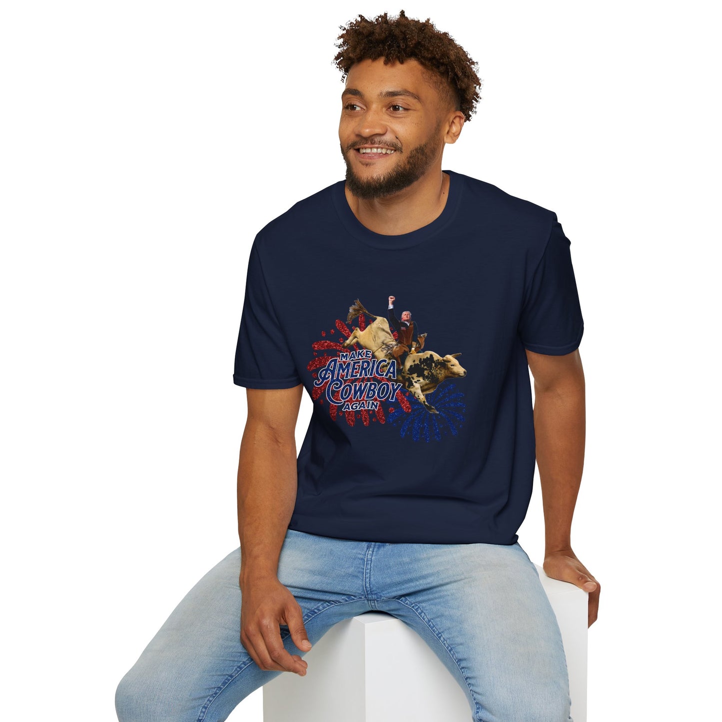 Trump Bull Riding Fireworks Glitter Print