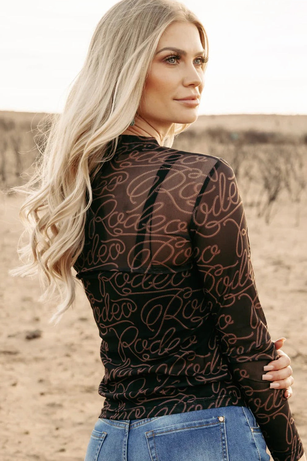 Black Rodeo Mock Neck Long Sleeve Mesh Top