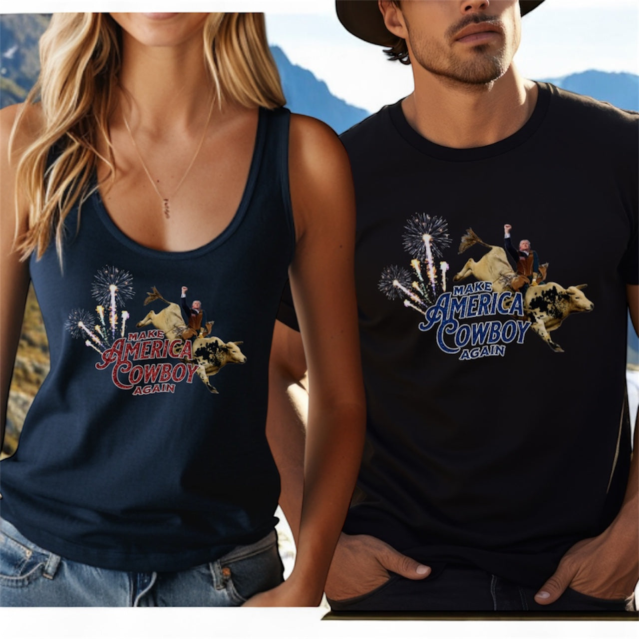 Make America Cowboy Again - Trump Bull Riding - Red Or Blue Font