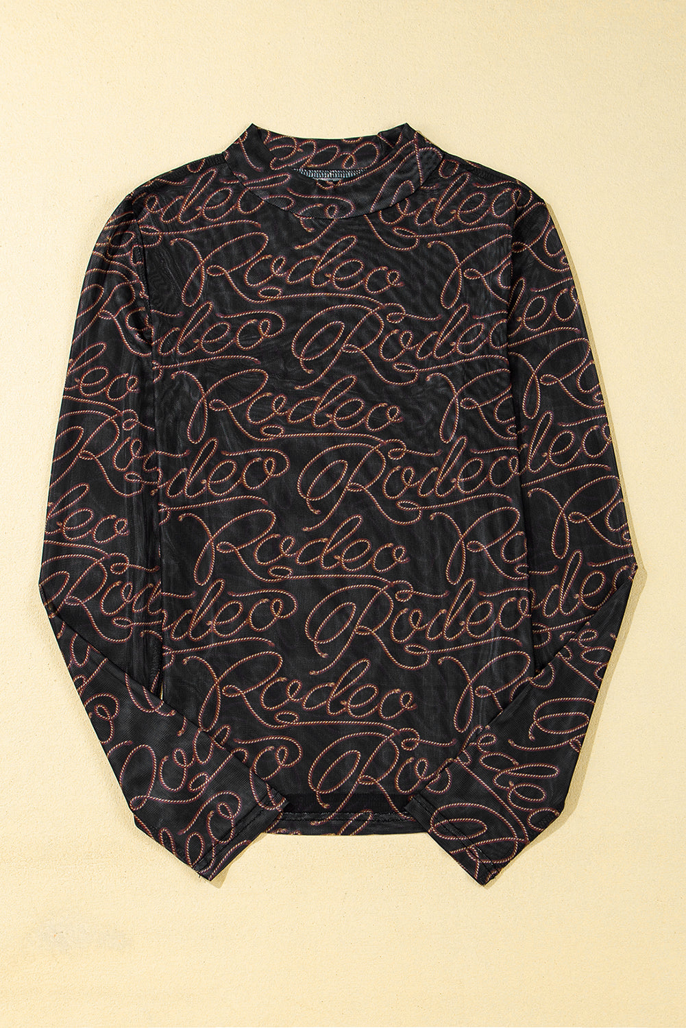 Black Rodeo Mock Neck Long Sleeve Mesh Top