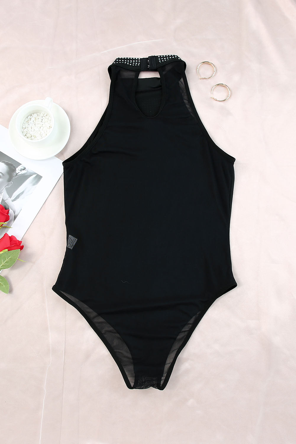 Black Rhinestone High Neck Bodysuit