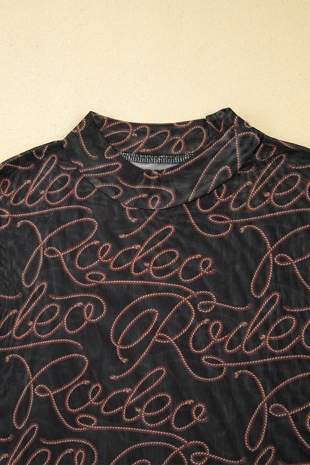 Black Rodeo Mock Neck Long Sleeve Mesh Top