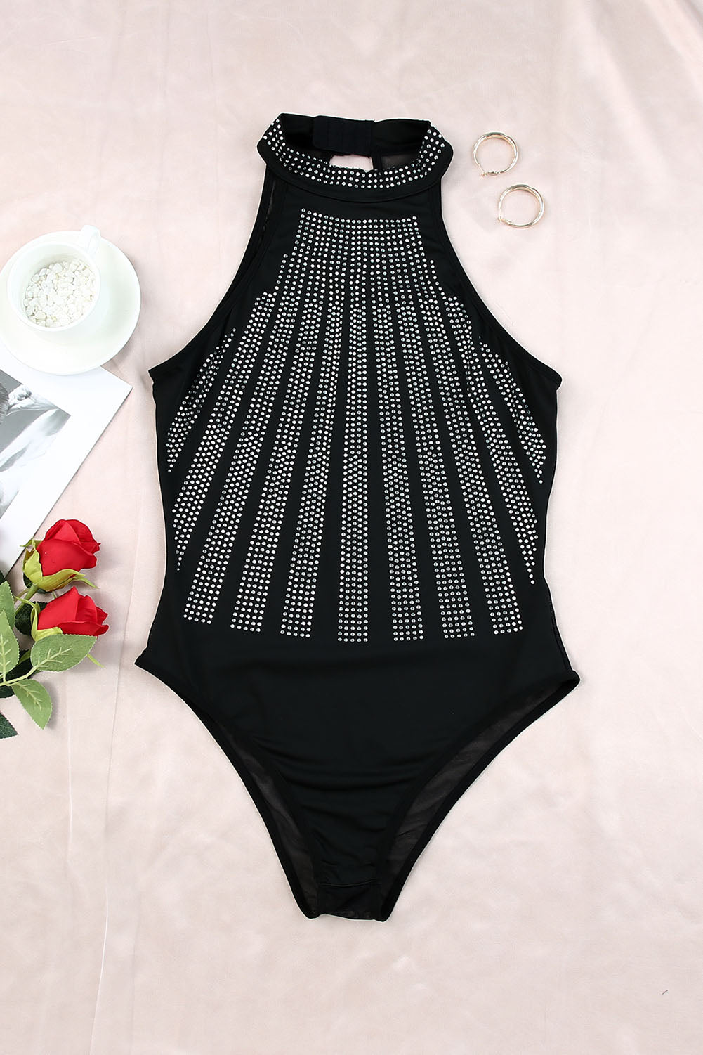 Black Rhinestone High Neck Bodysuit