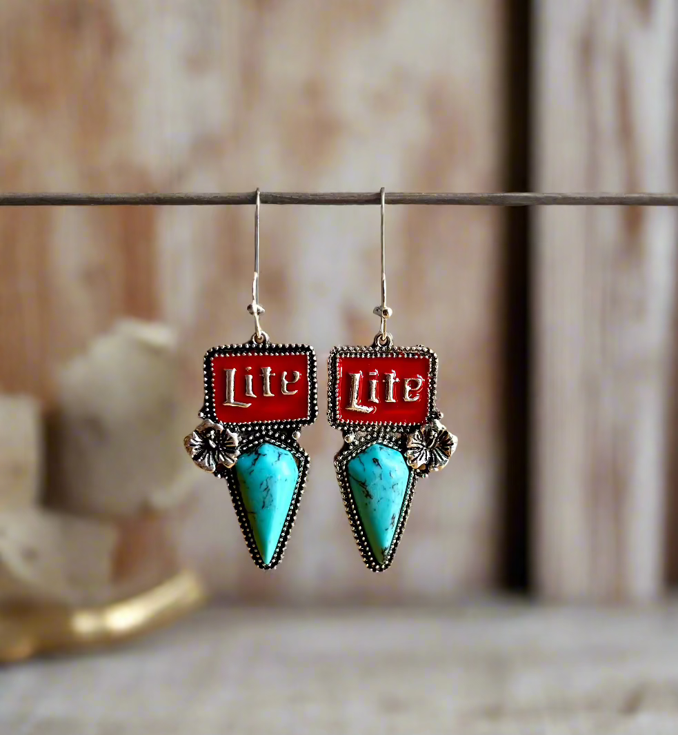 Turquoise Miller Lite Beer Earrings
