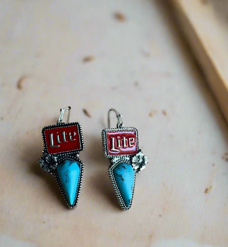 Turquoise Miller Lite Beer Earrings