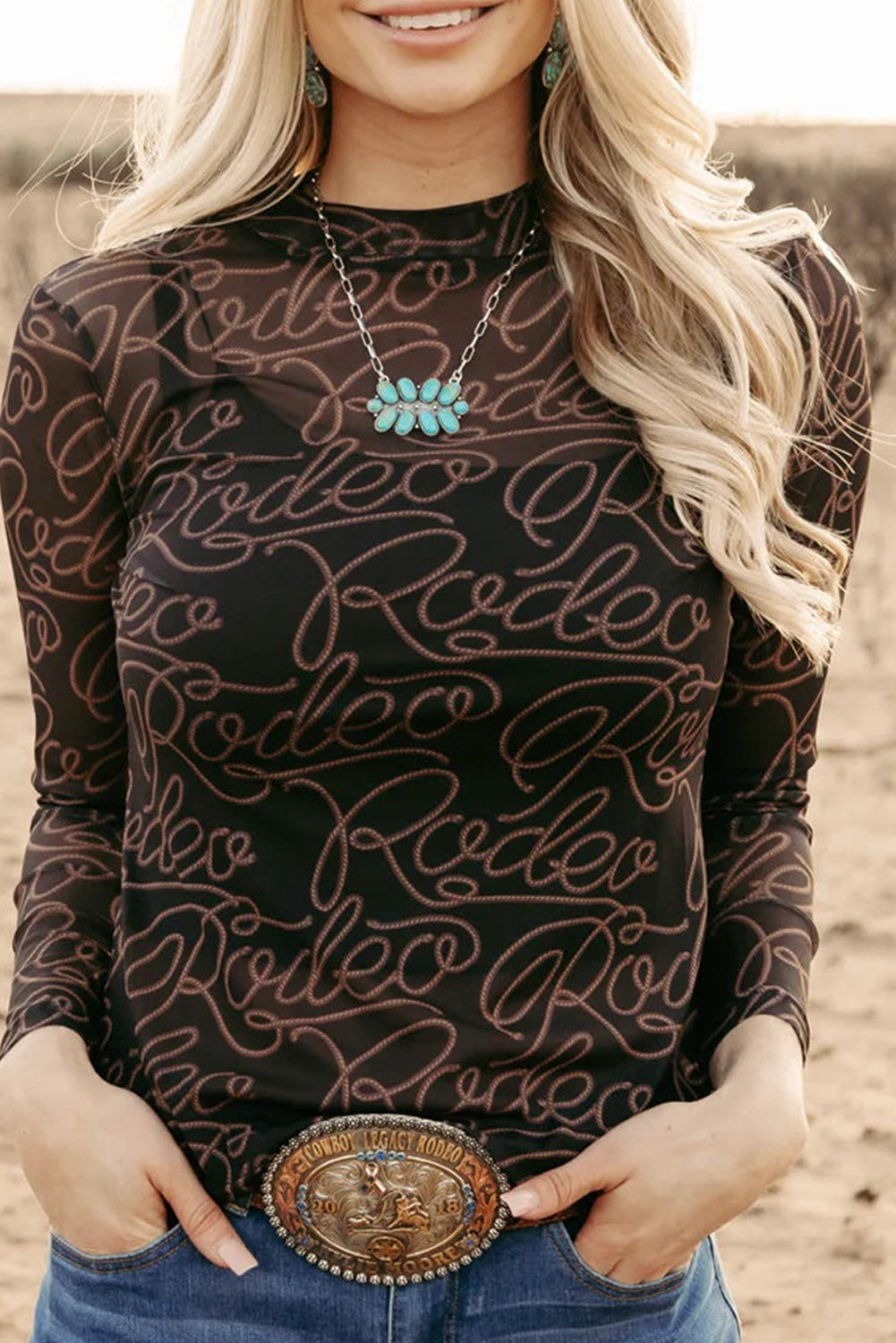 Black Rodeo Mock Neck Long Sleeve Mesh Top