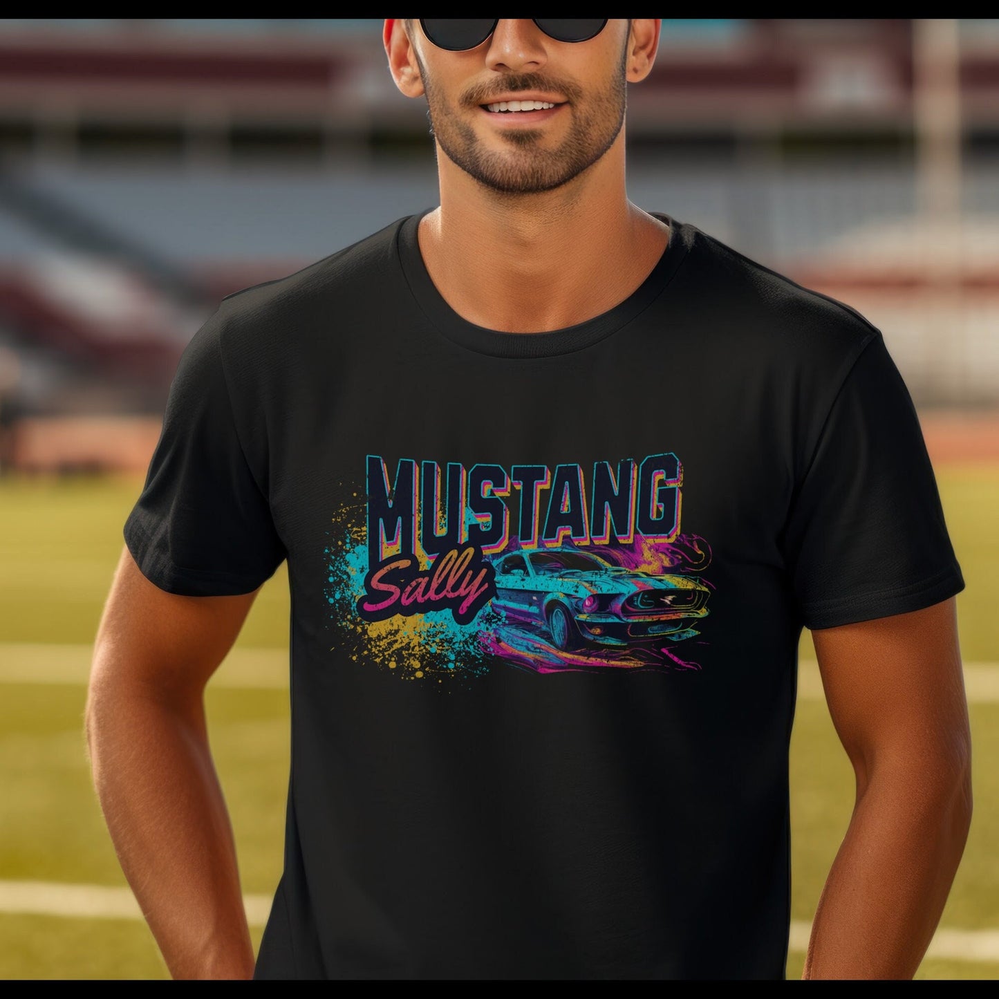 Neon Blast Mustang Sally Unisex T-shirt: Bold & Dynamic Design Inspired by the song 'Mustang Sally' and the Ford Mustangs