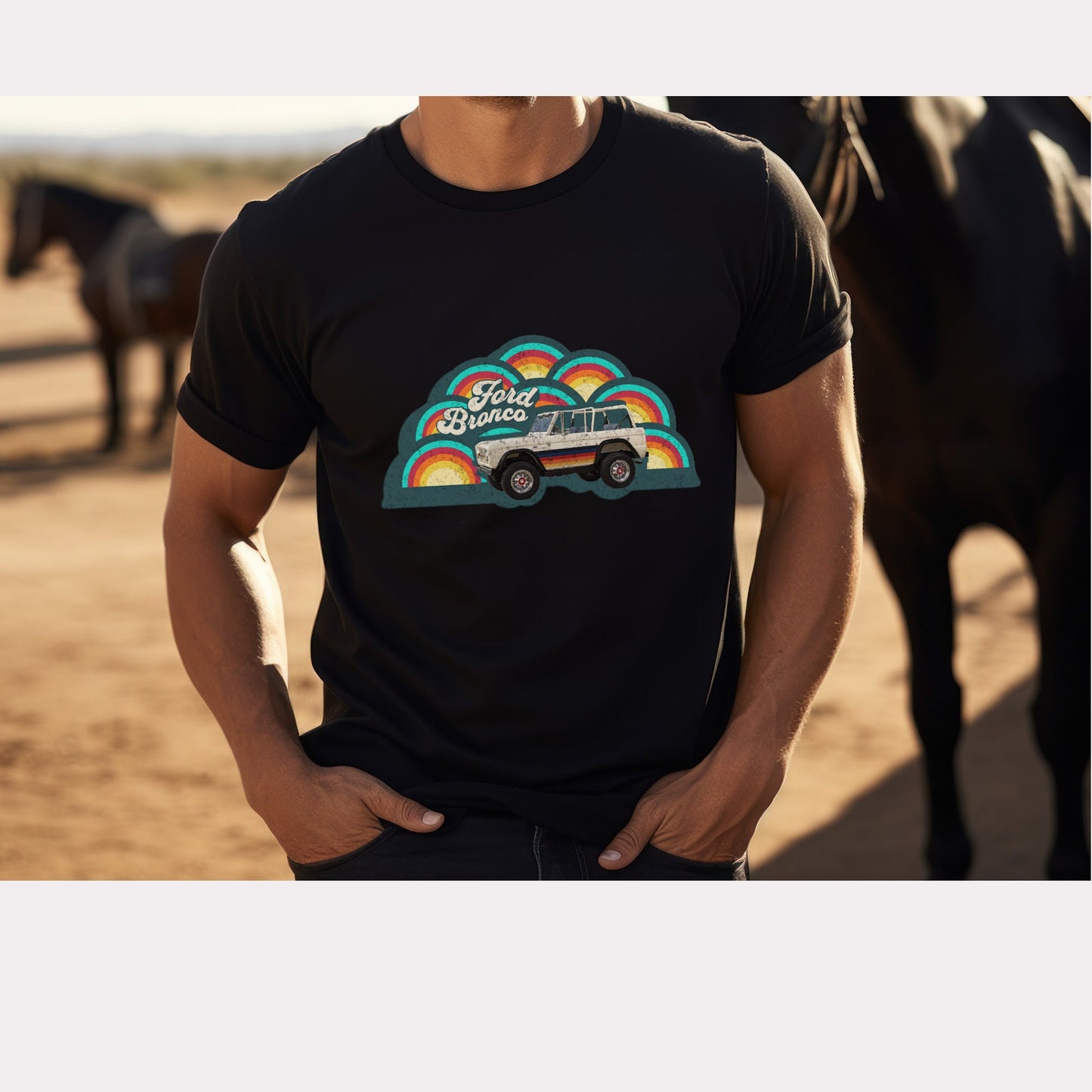Retro 70's Ford Bronco T-Shirt - Retro Rainbow - Faded Vintage Style Chic: Groovy Nostalgia in Every Thread