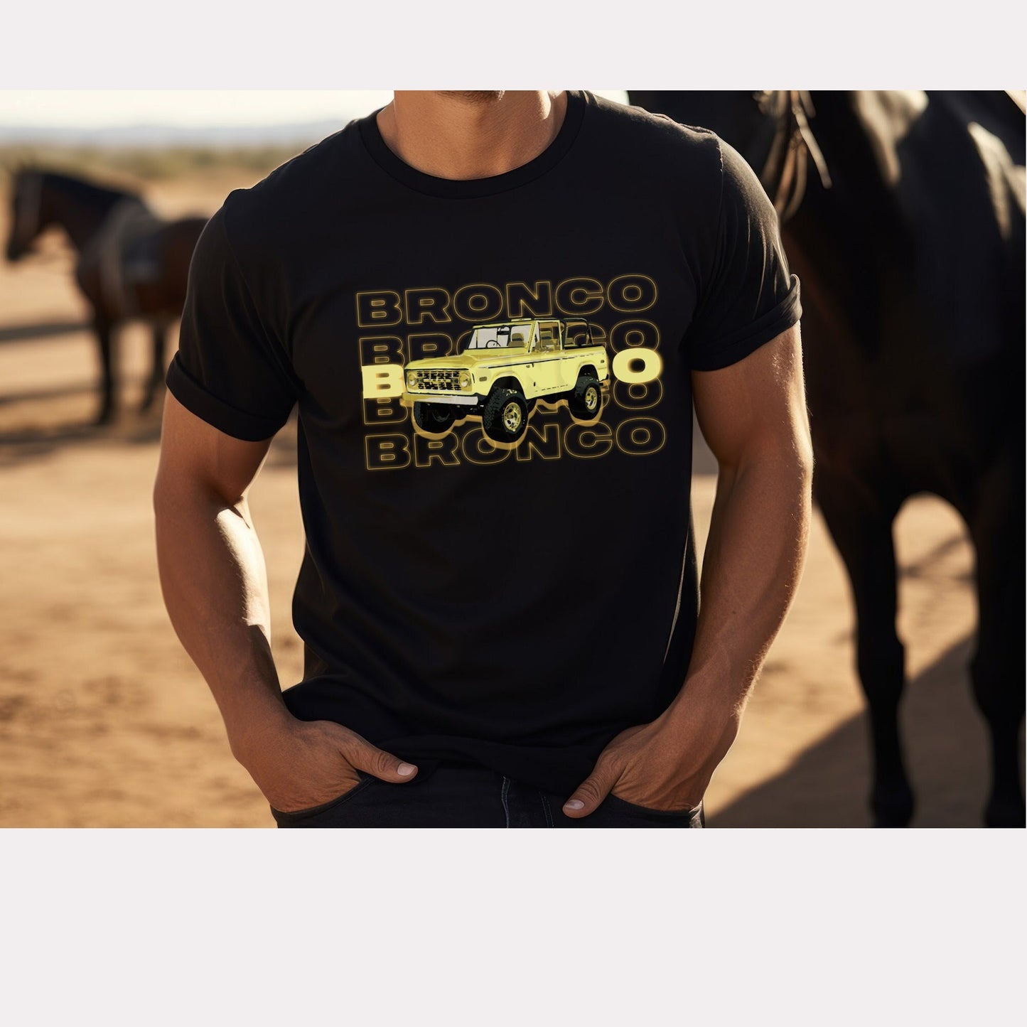 Vintage Vibes: Glowing Yellow 70's Ford Bronco T-shirt