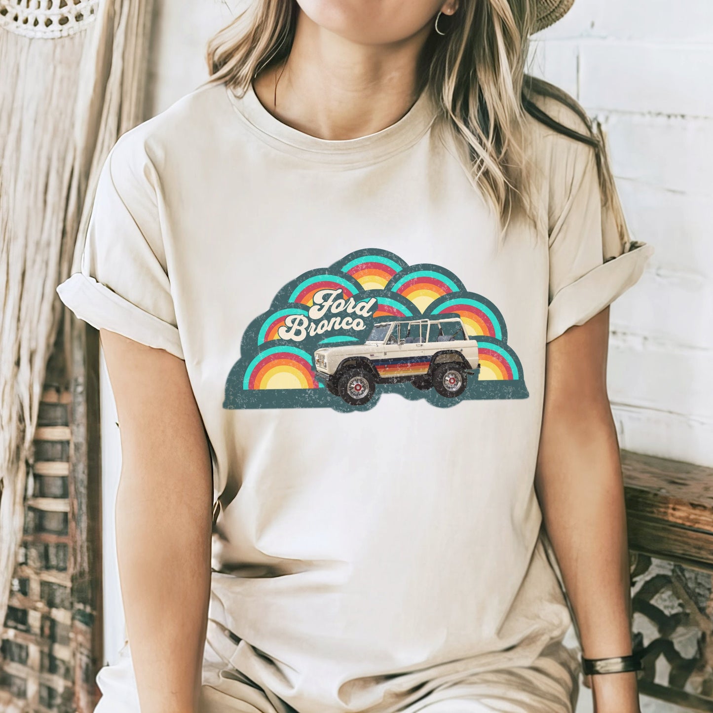 Retro 70's Ford Bronco T-Shirt - Retro Rainbow - Faded Vintage Style Chic: Groovy Nostalgia in Every Thread