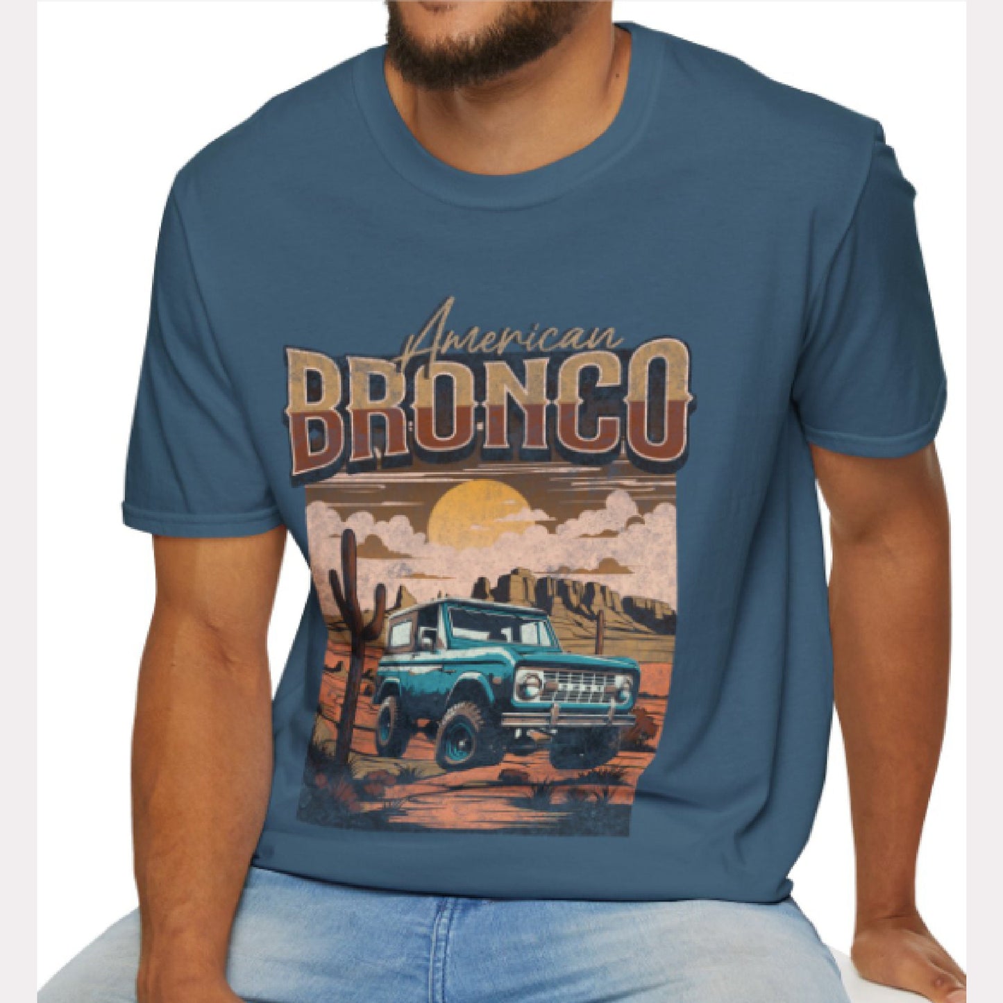 American Bronco Desert Sunset T-shirt: Embrace the Wild Frontier - Vintage Ford Bronco
