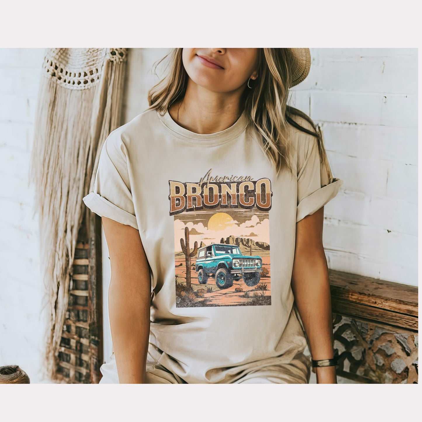 American Bronco Desert Sunset T-shirt: Embrace the Wild Frontier - Vintage Ford Bronco