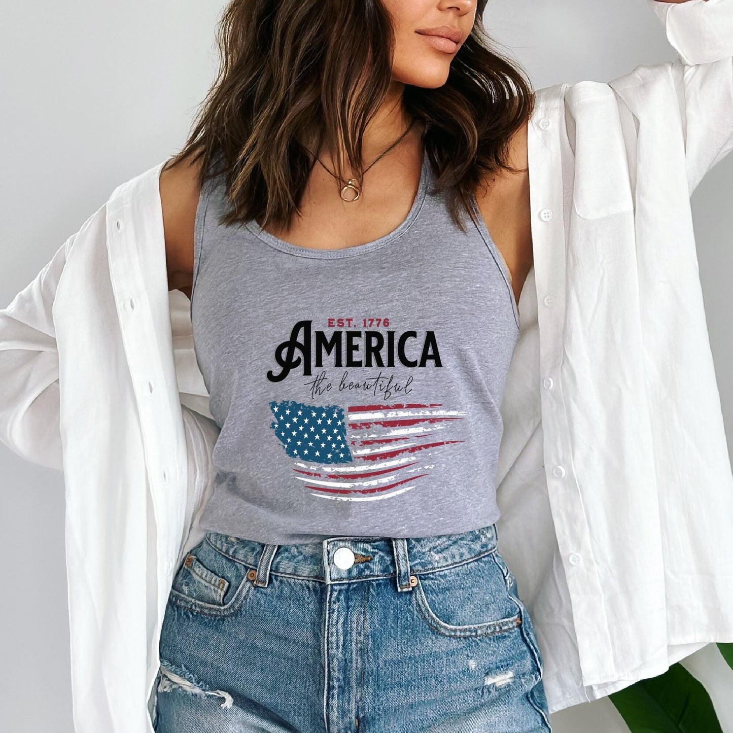 America the Beautiful 4th of July American Flag Tank Top