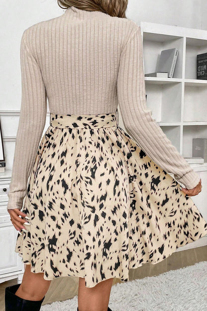 Ribbed Knit Printed Two Tone Short Dress