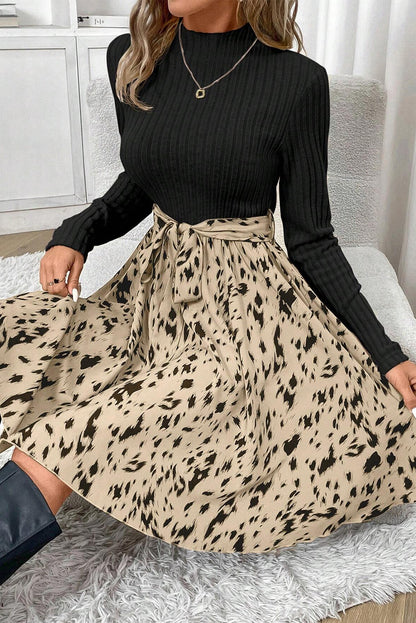 Ribbed Knit Printed Two Tone Short Dress