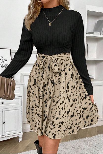 Ribbed Knit Printed Two Tone Short Dress