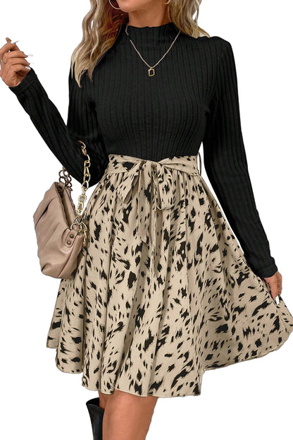 Ribbed Knit Printed Two Tone Short Dress