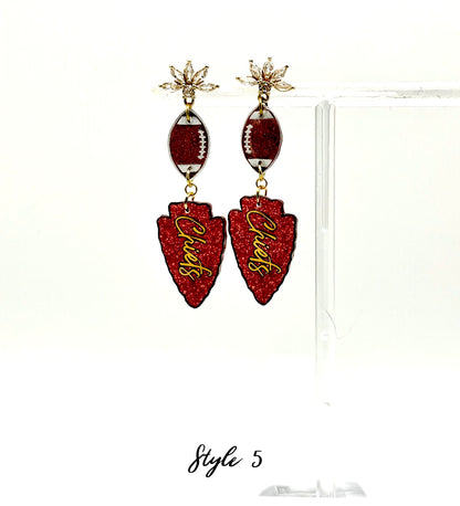 KC Chiefs Glitter Arrowhead Football Earrings