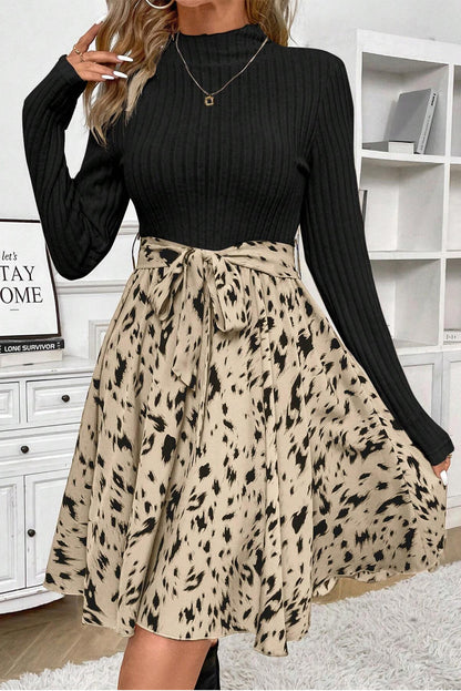 Ribbed Knit Printed Two Tone Short Dress