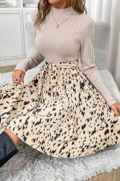 Ribbed Knit Printed Two Tone Short Dress