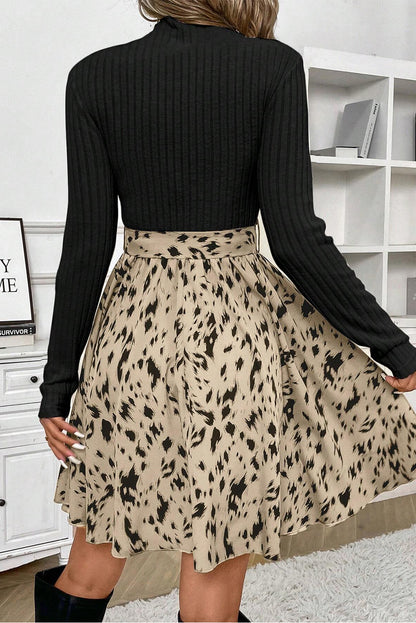 Ribbed Knit Printed Two Tone Short Dress
