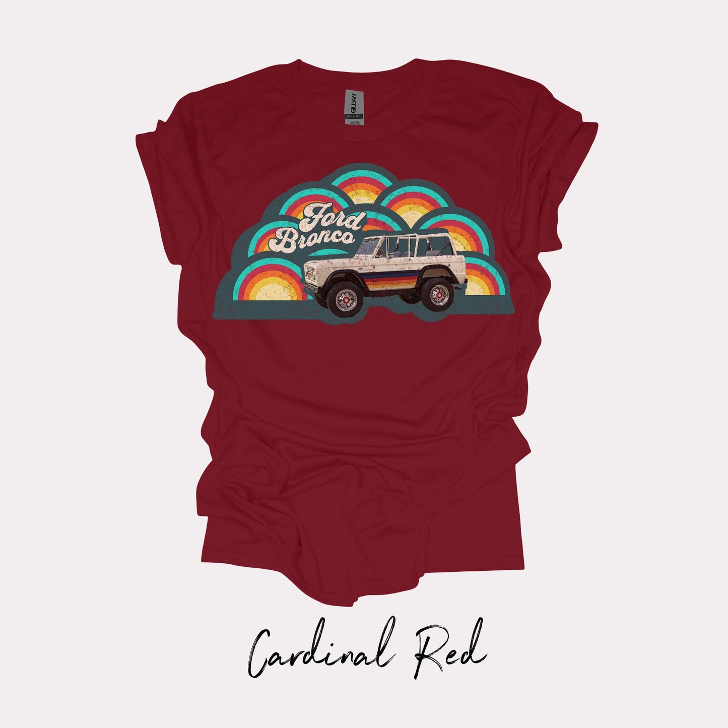 Retro 70's Ford Bronco T-Shirt - Retro Rainbow - Faded Vintage Style Chic: Groovy Nostalgia in Every Thread