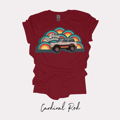 Retro 70's Ford Bronco T-Shirt - Retro Rainbow - Faded Vintage Style Chic: Groovy Nostalgia in Every Thread