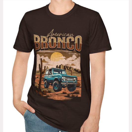 American Bronco Desert Sunset T-shirt: Embrace the Wild Frontier - Vintage Ford Bronco