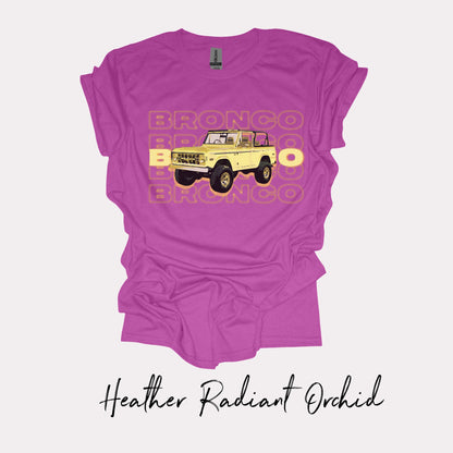 Vintage Vibes: Glowing Yellow 70's Ford Bronco T-shirt