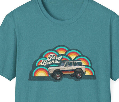 Retro 70's Ford Bronco T-Shirt - Retro Rainbow - Faded Vintage Style Chic: Groovy Nostalgia in Every Thread