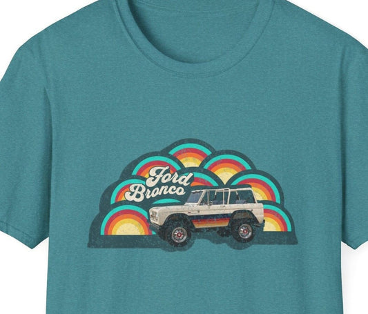 Retro 70's Ford Bronco T-Shirt - Retro Rainbow - Faded Vintage Style Chic: Groovy Nostalgia in Every Thread